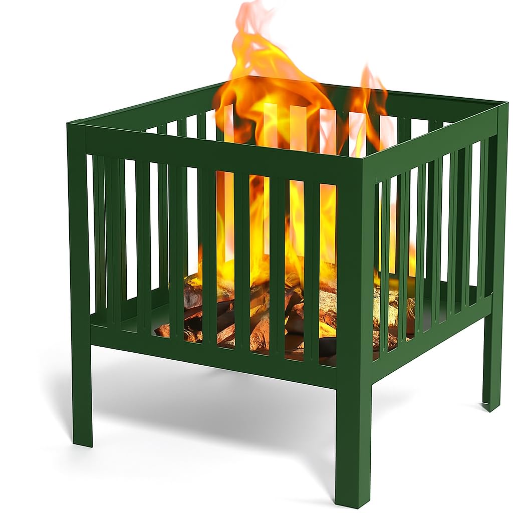 16-Inch Green Steel Fire Pit (Square Design)
